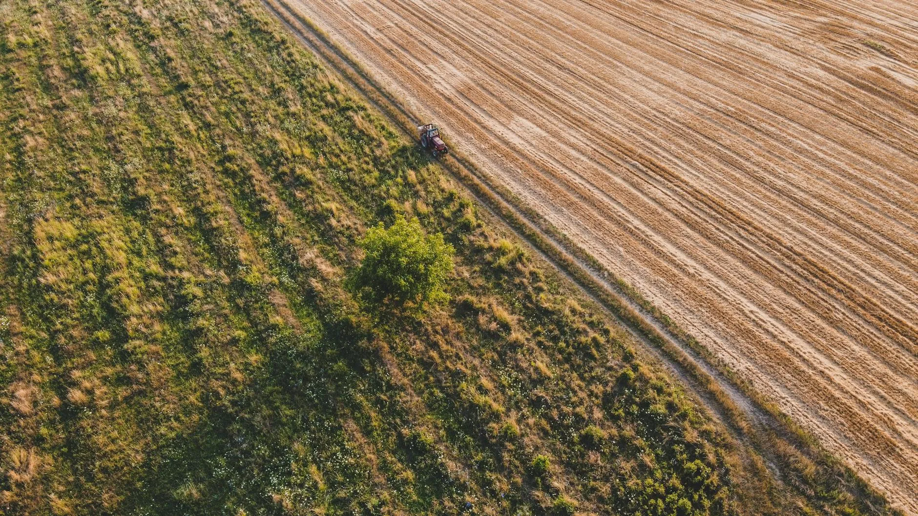 Traktor při práci na poli za slunečného dne