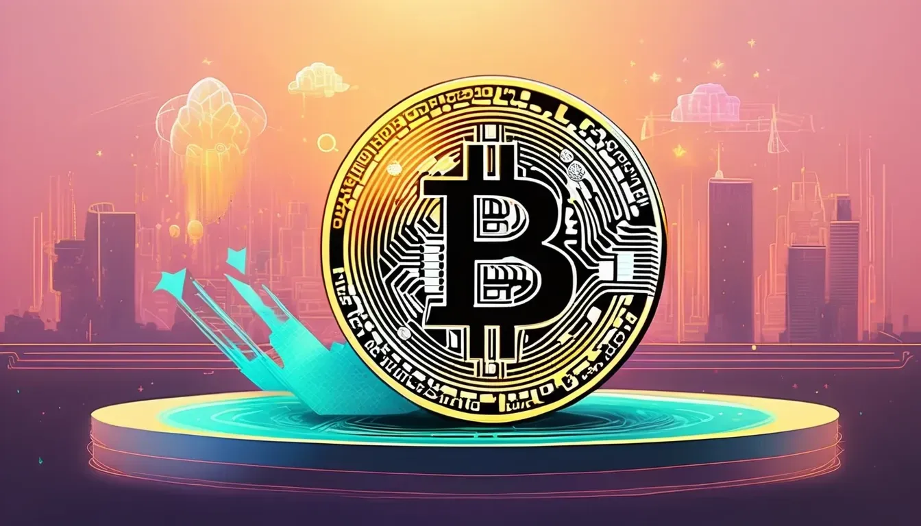 Ilustrace: zlatá mince bitcoinu na podstavci