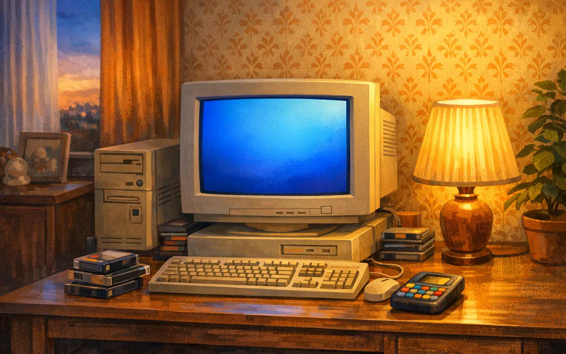 Ilustrace: starý počítač s monitorem na stole v pokoji z devadesátých let