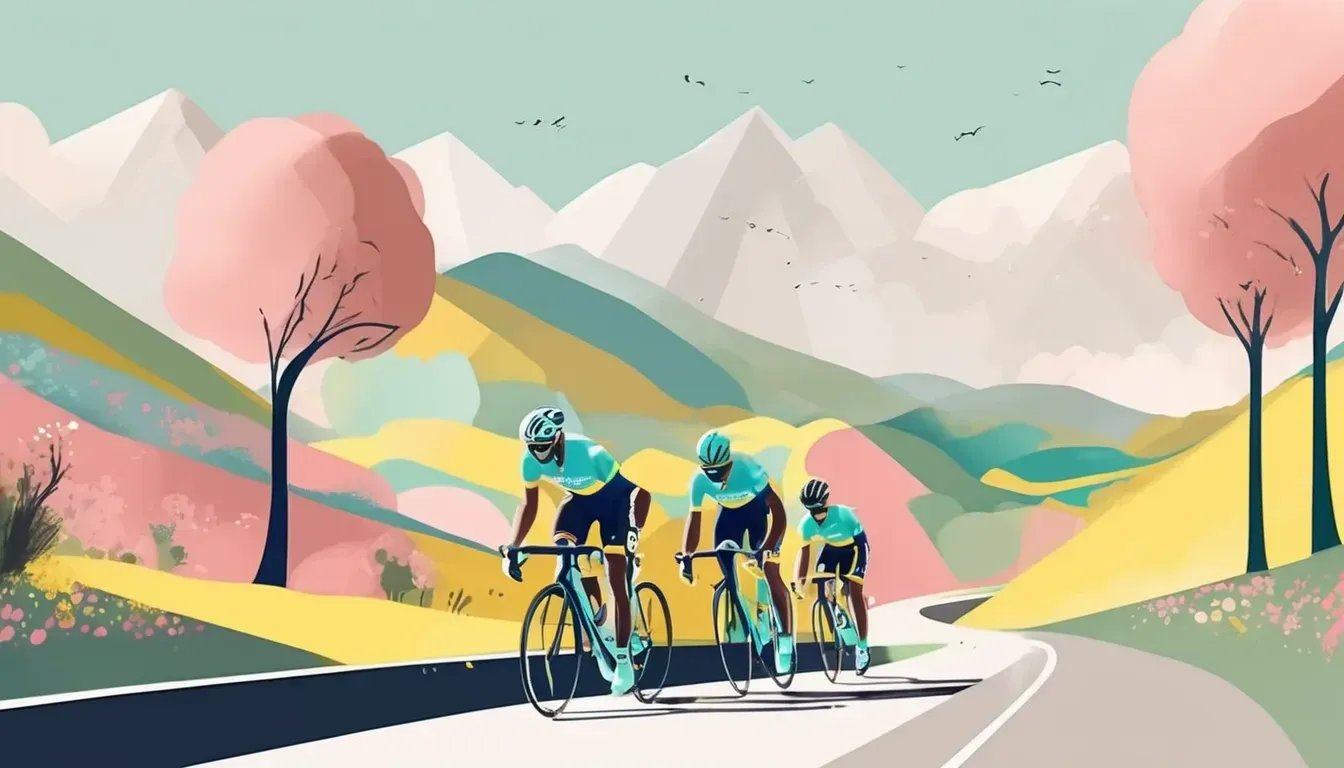 Ilustrace: cyklisté na silnici mezi zelenými kopci