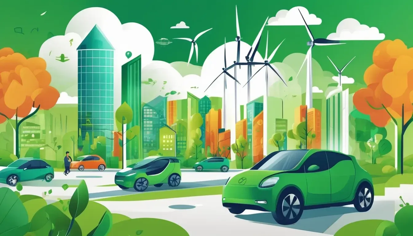 Ilustrace: zelené město s větrnými elektrárnami a elektromobily