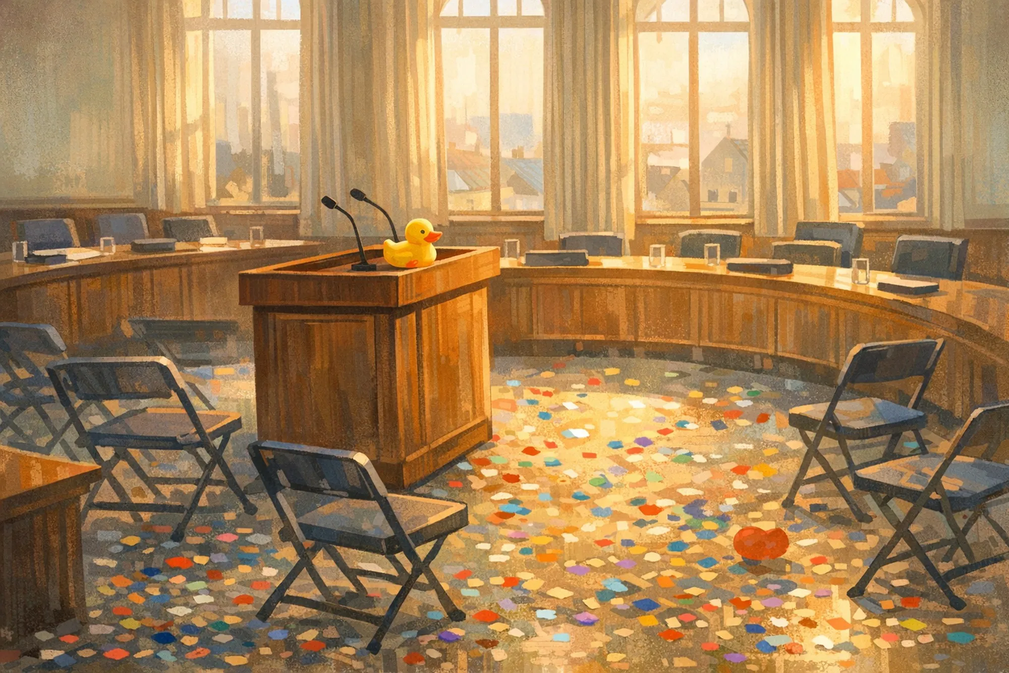 Ilustrace: prázdný sál s řečnickým pultem a konfetami na podlaze