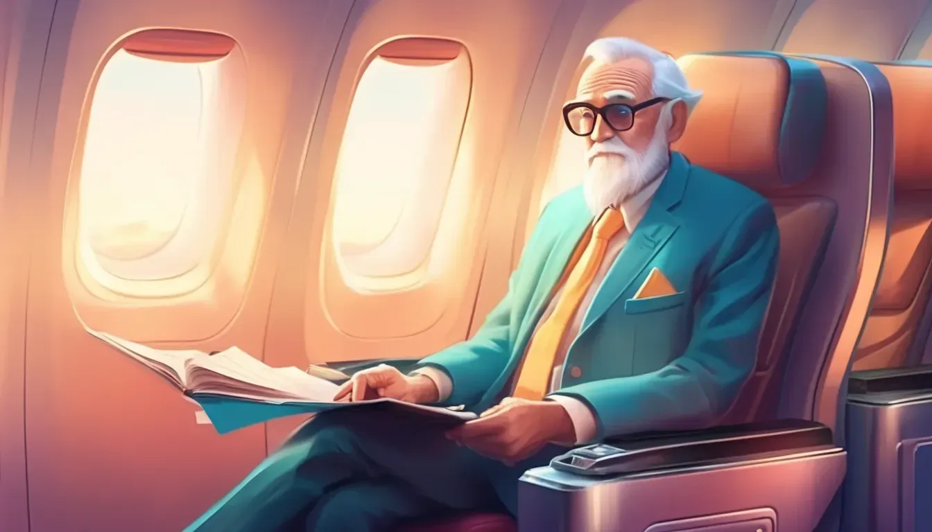Ilustrace: starší muž v obleku čte noviny v kabině letadla