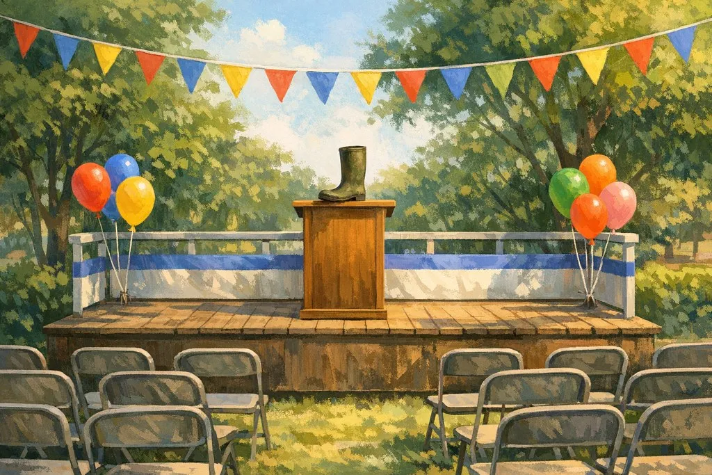 Ilustrace: venkovní pódium s řečnickým pultem, balónky a vlaječkami